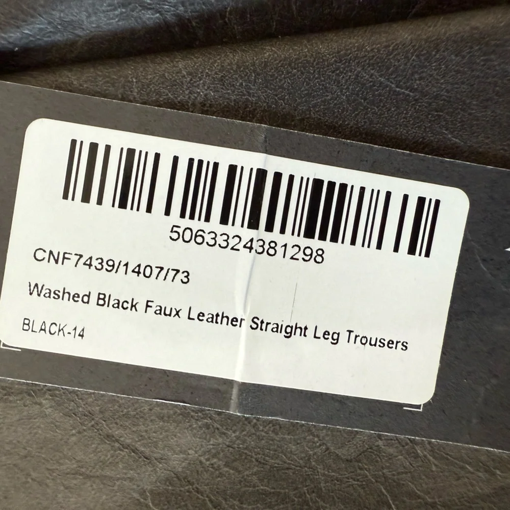 Pretty Little Thing Washed Black Faux Leather Straight Leg Trousers US 10 New - Picture 10 of 11